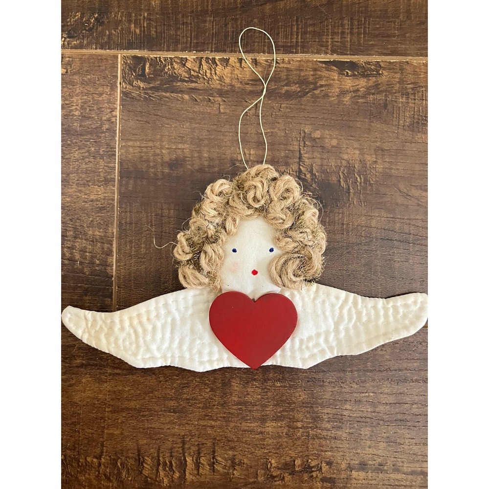 Vintage Handmade Angel Ornament Primitive Folk Art Fabric Yarn Hair Heart Rustic